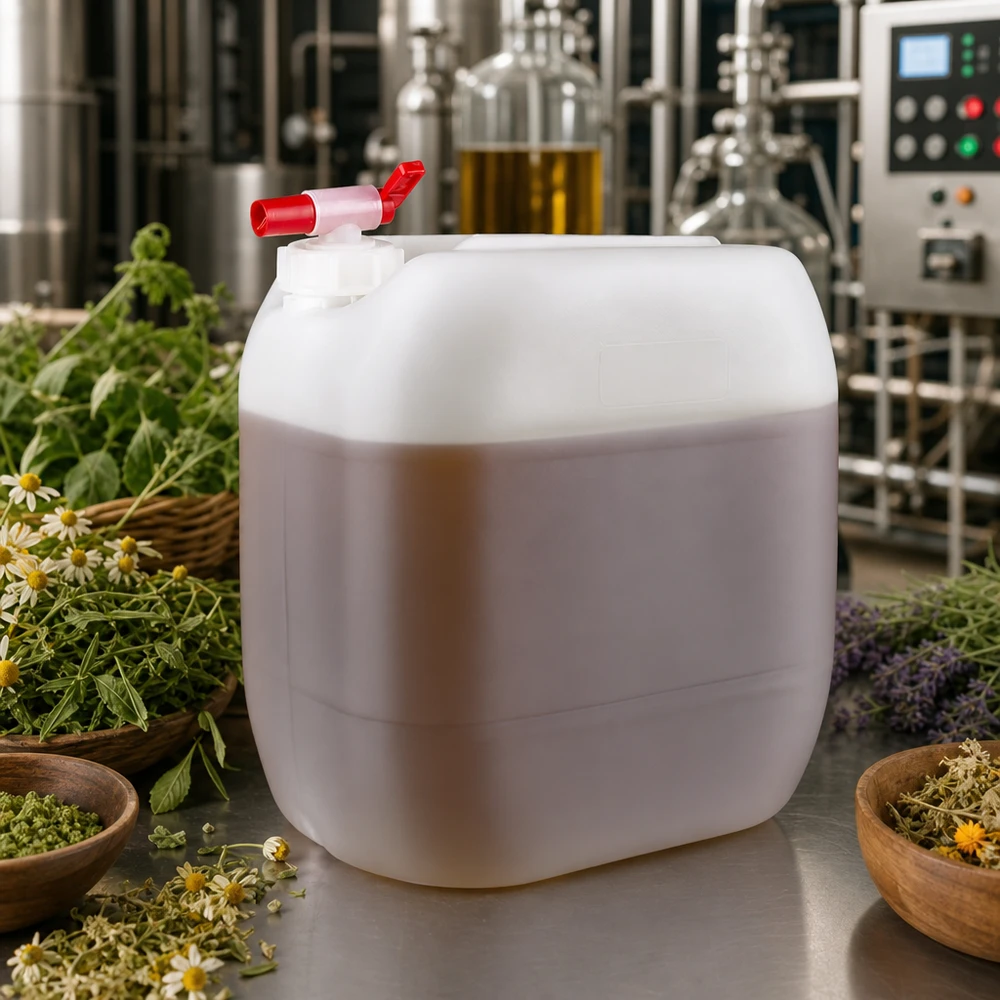 Jerrican de 30 litres avec robinet Un bidon de 30 litres muni d'un robinet de vidange, entouré d'herbes fraîches et d'un alambic