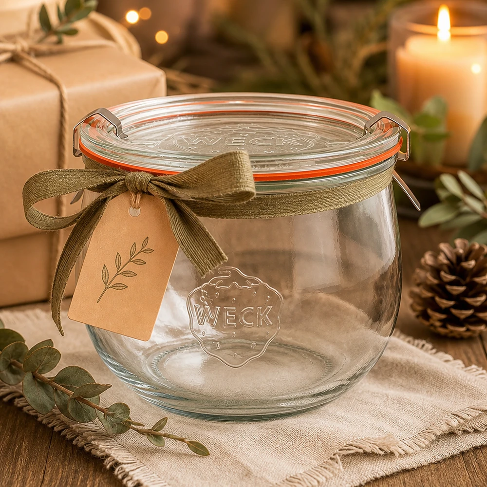 Vaso per tulipani da 580 ml completo WECK RR100 WECK vaso a tulipano 580ml RR100 vuoto come idea regalo con nastro ed etichetta in un'accogliente decorazione natalizia