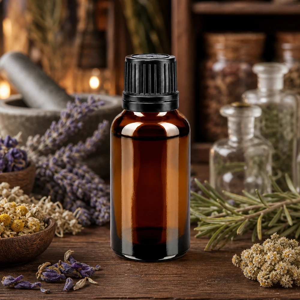 Bottiglia 20ml bre. (Glo.) Bottiglia GR OV nero/8mm ApoGlas Flacone di vetro da 20 ml color ambra con tappo nero OV, circondato da lavanda ed erbe medicinali