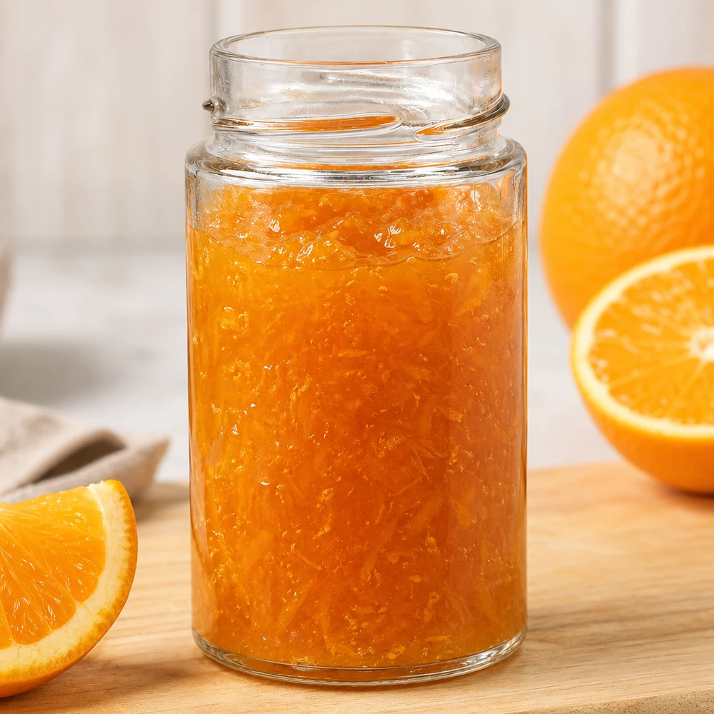 UNiTWIST Runda245 bicchiere rotondo da 245 ml riempito di marmellata d'arancia su una tavola di legno accanto a fette d'arancia fresca
