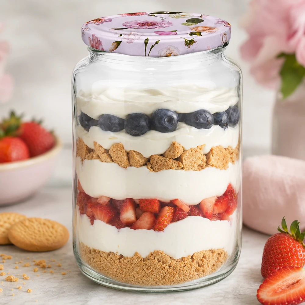 Vasetto rotondo da 795 ml con dessert a strati yogurt bacche biscotti BasicSeal coperchio rosa fiori vasetto da dessert cucina