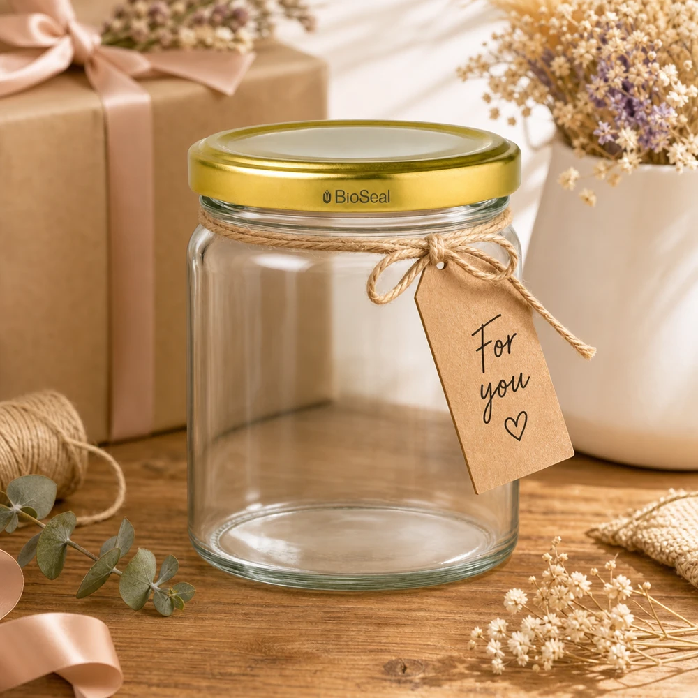 Barattolo UNiTWIST Runda408 con coperchio dorato TO82 BioSeal in regalo con fiocco e etichetta regalo