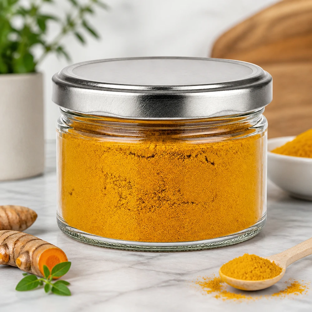 Vaso rotondo da 540 ml con coperchio d'argento riempito di polvere di curcuma, conservazione di spezie con radici di curcuma fresche