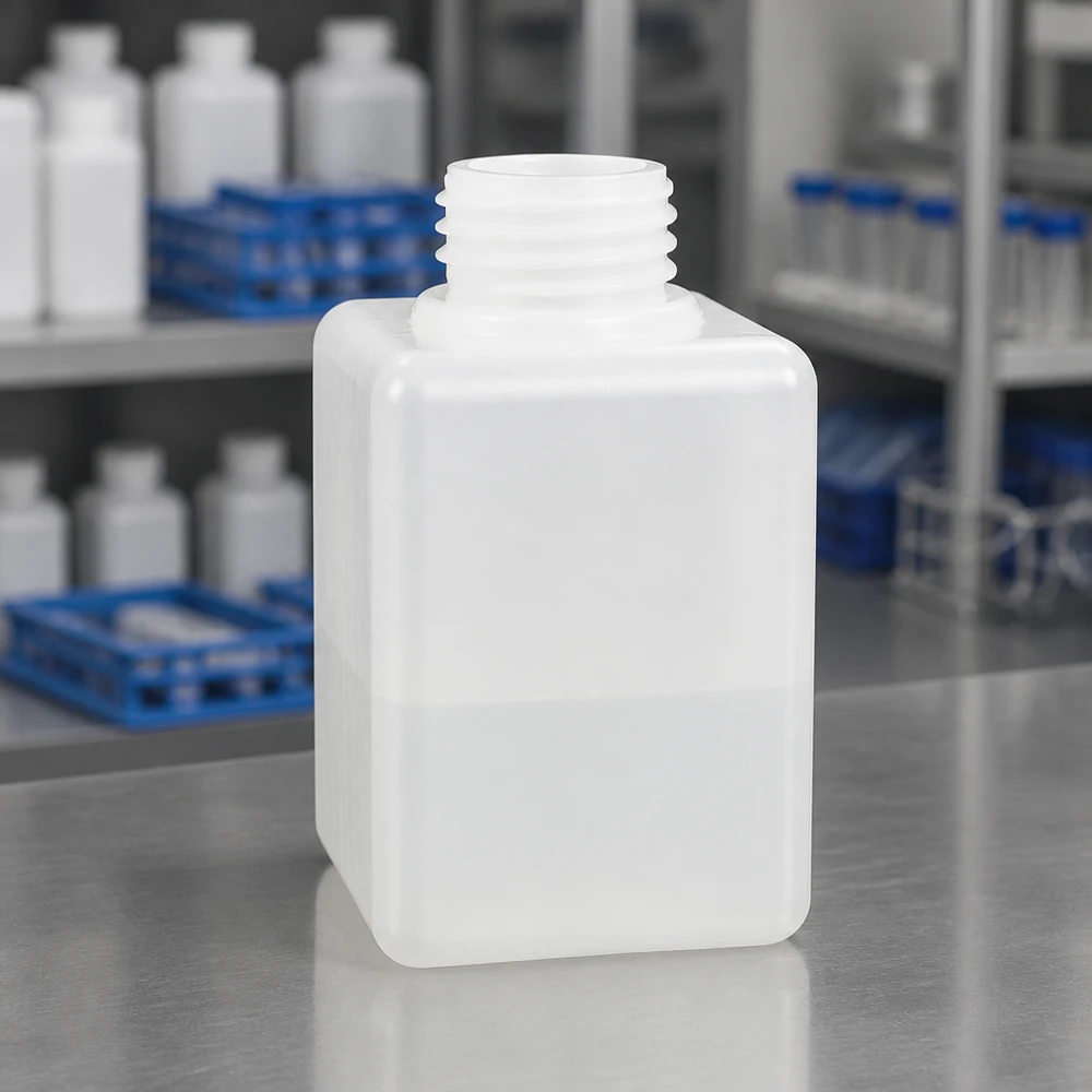 Petit flacon de laboratoire anguleux en PE-HD, 100 ml, GL 25, à col étroit, pour liquides et solides
