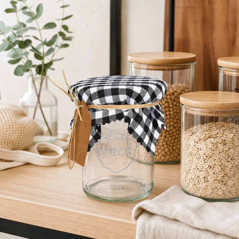 Centrino in tessuto per gioielli a quadretti neri 12 cm quadrati Barattolo per conserve con coperchio di stoffa nera a scacchi e fiocco di rafia su una mensola di legno accanto a barattoli con cereali
