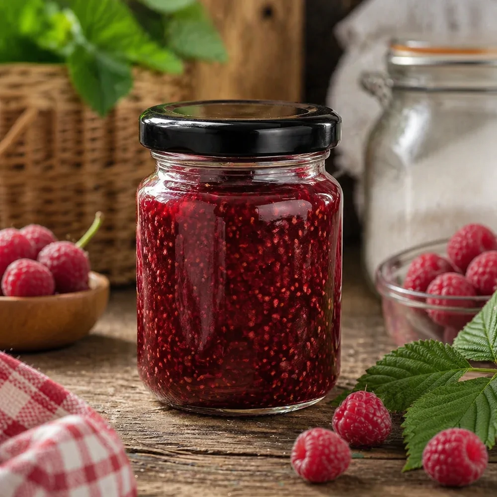 Barattolo rotondo da 53 ml con coperchio nero riempito di marmellata di lamponi Cucina rustica Barattolo di marmellata di frutti di bosco freschi