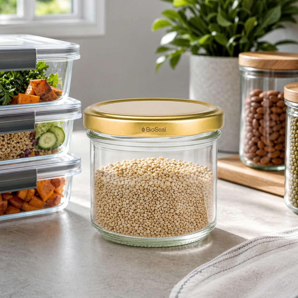 Barattolo UNiTWIST da 125 ml pieno di quinoa - coperchio dorato TO66 in cucina moderna con scatole per la preparazione dei pasti