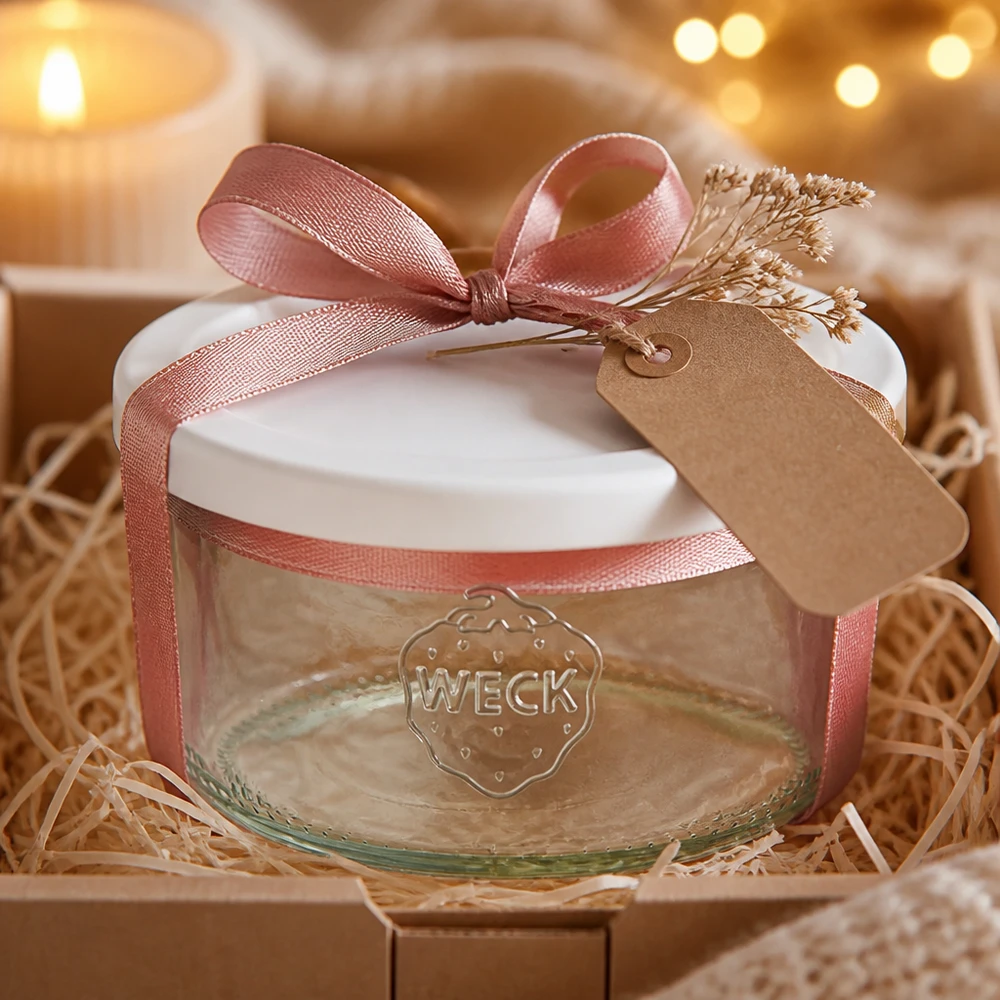 165ml Sturzglas mit Frischedeckel WECK RR80 WECK 165ml Sturzglas RR80 als Geschenk dekoriert mit rosa Schleife und Kraftpapier-Anhänger in rustikaler Verpackung