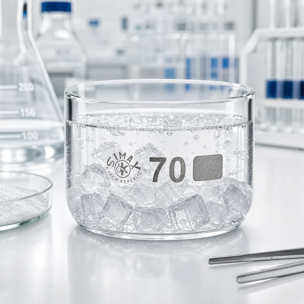 Coupelle de cristallisation 100 ml sans bec verseur Cuvette de cristallisation de 100 ml remplie de glaçons dans un laboratoire, sur un plan de travail blanc