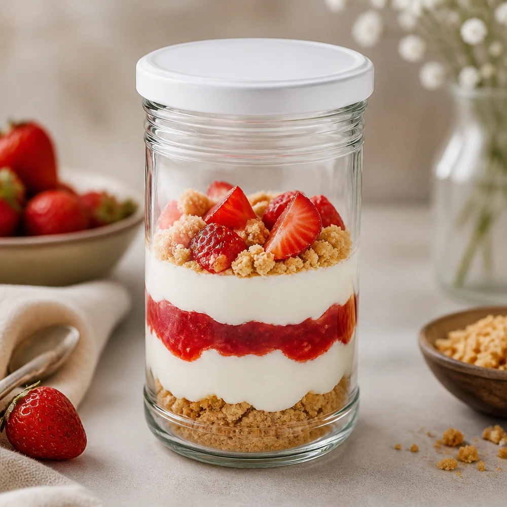 Bicchieri da 1053 ml come vasetto da dessert con dessert a strati alla fragola e alla panna Coperchio BasicSeal dessert bianco in vasetto