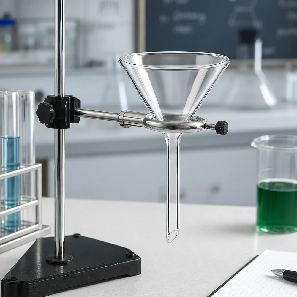 Imbuto da laboratorio in robusto vetro soda-lime con impugnatura corta e compatta per un minimo ingombro.