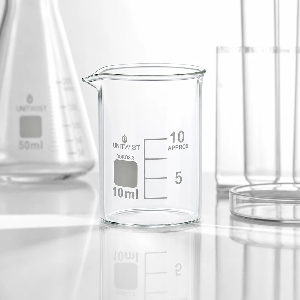 Bicchiere da 10 ml in borosilicato, a basso stampo UNiTWIST Bicchiere UNiTWIST da 10 ml, forma bassa, in vetro borosilicato 3.3 resistente al calore, con beccuccio