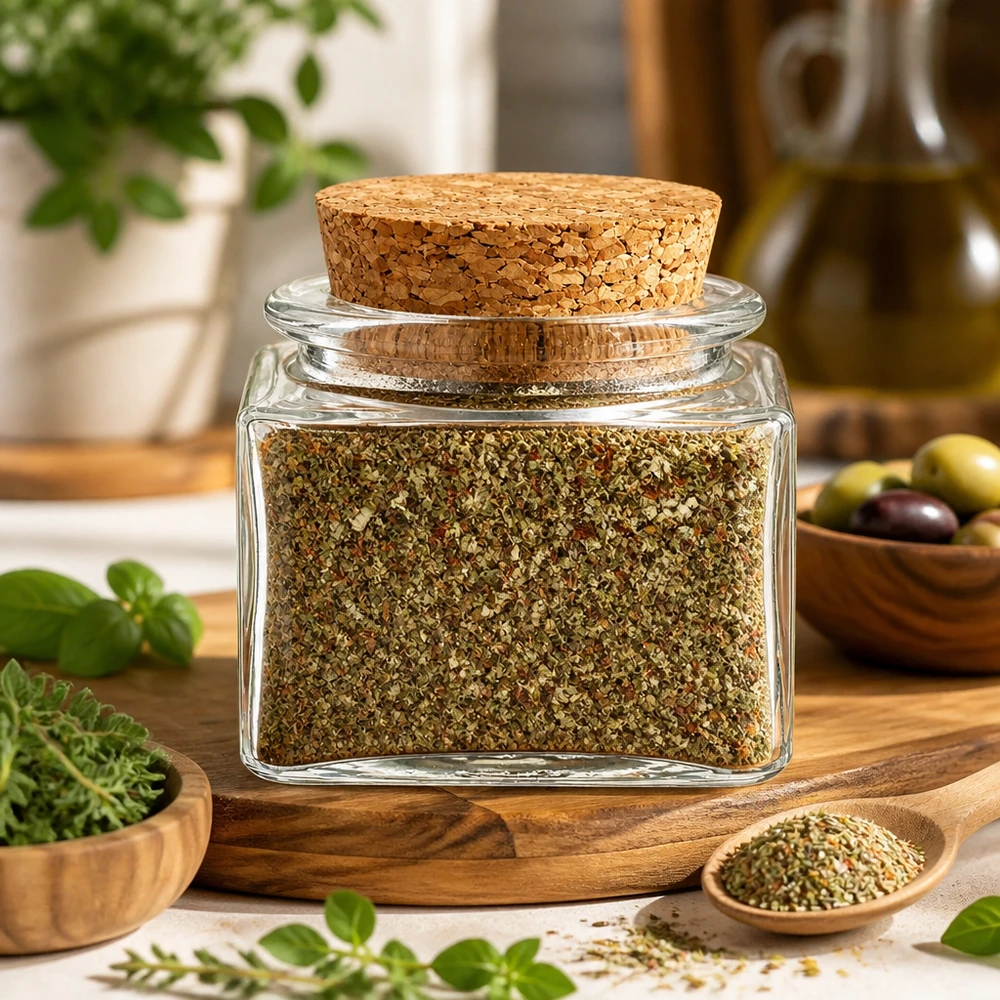 Idea barattolo per spezie: Quadratus 40ml trasparente con tappo in sughero Vaso di vetro trasparente da 40 ml con tappo di sughero, riempito con origano essiccato ed erbe aromatiche
