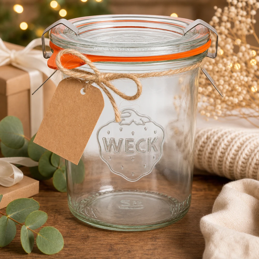 Barattolo da 160ml completo WECK RR60 Bicchieri WECK 160ml RR60 come idea regalo decorata per Natale con etichetta in carta kraft e nastro di iuta