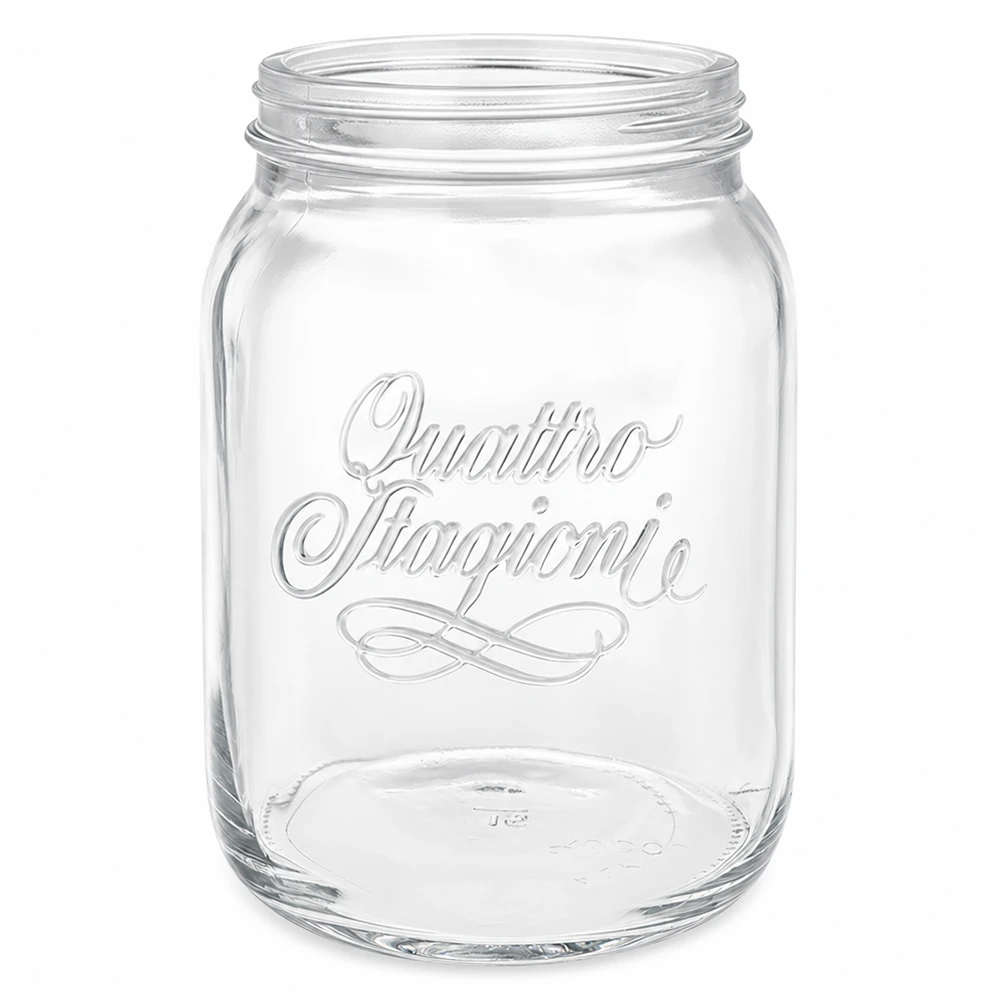 Vaso domestico "Quattro Stagioni" da 2000 ml Barattolo per la casa Quattro Stagioni 2000ml con logo Barattolo per conserve trasparente senza coperchio su sfondo bianco