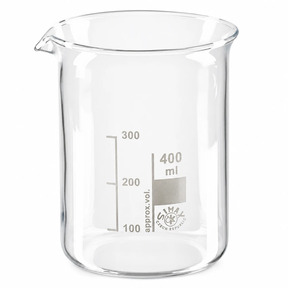 Bicchiere 400ml in vetro borosilicato, forma bassa Bicchiere da laboratorio preciso da 400 ml in vetro borosilicato resistente al calore con scala millimetrica