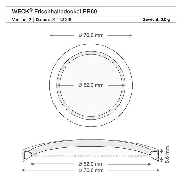 Coperchio di conservazione WECK/REX RR60 Disegno tecnico del coperchio WECK RR60 keep-fresh con dimensioni 70 mm di diametro esterno 52 mm di diametro interno