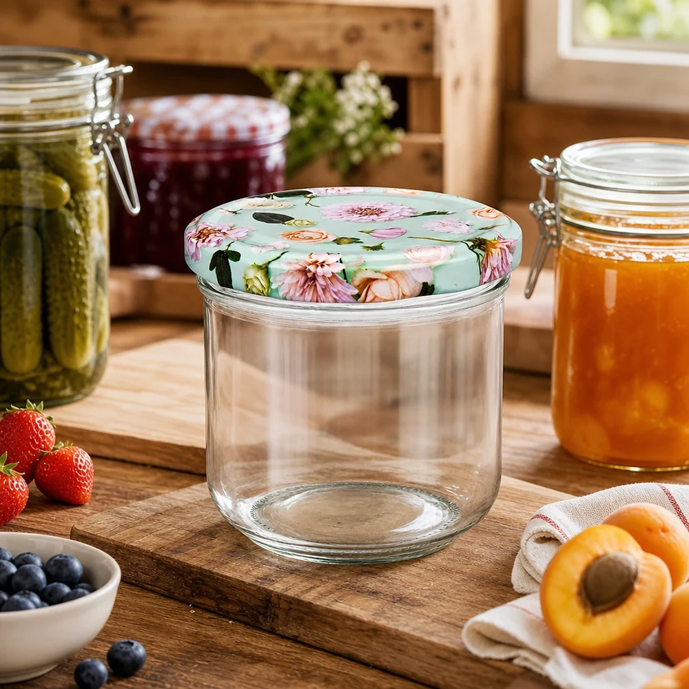 260ml Sturzglas + BasicSeal Deckel Blume mint UNiTWIST 260ml Sturzglas leer mit BasicSeal Blumendeckel mint zwischen Einmachgläsern in rustikaler Küche mit frischen Früchten