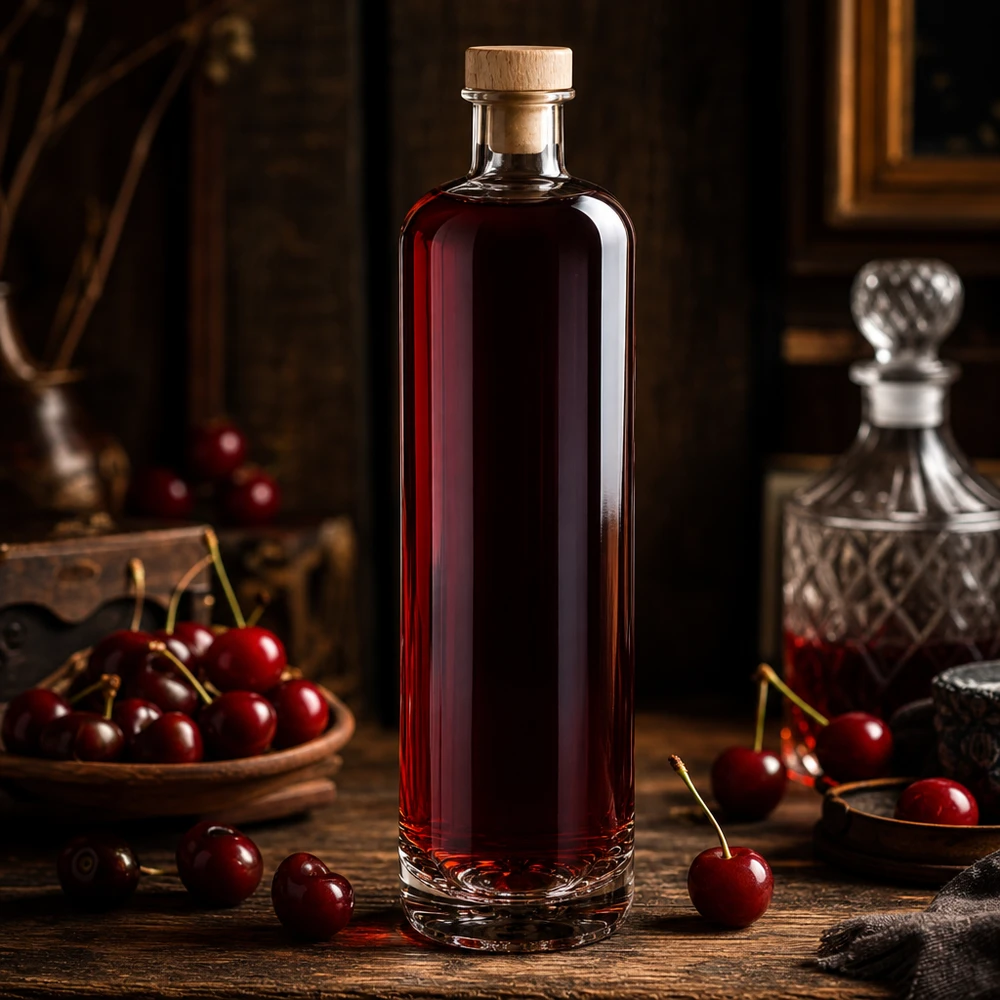 Bottiglia in vetro da 700 ml di Ella riempita con liquore alla ciliegia e tappo in legno, in un'elegante atmosfera da distilleria con ciliegie fresche.