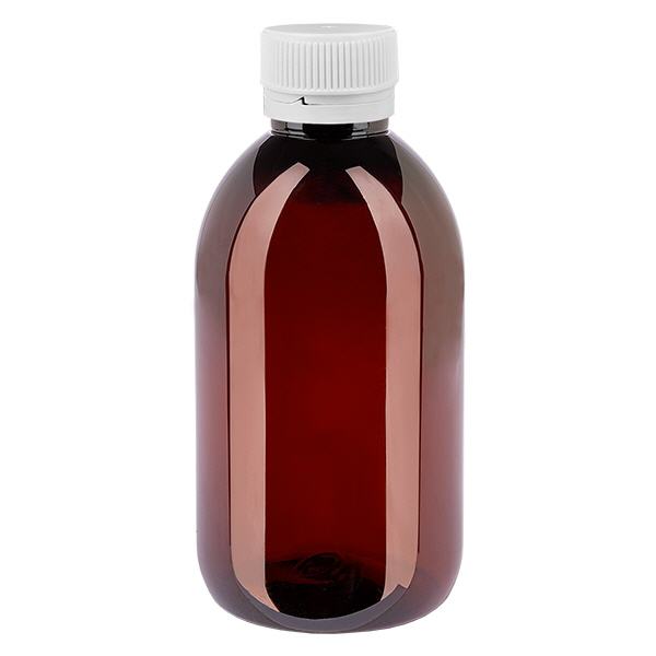 Bottiglia in PET da 250 ml con tappo bianco antimanomissione, scanalato Bottiglia in PET da 250 ml con tappo bianco antimanomissione, scanalato