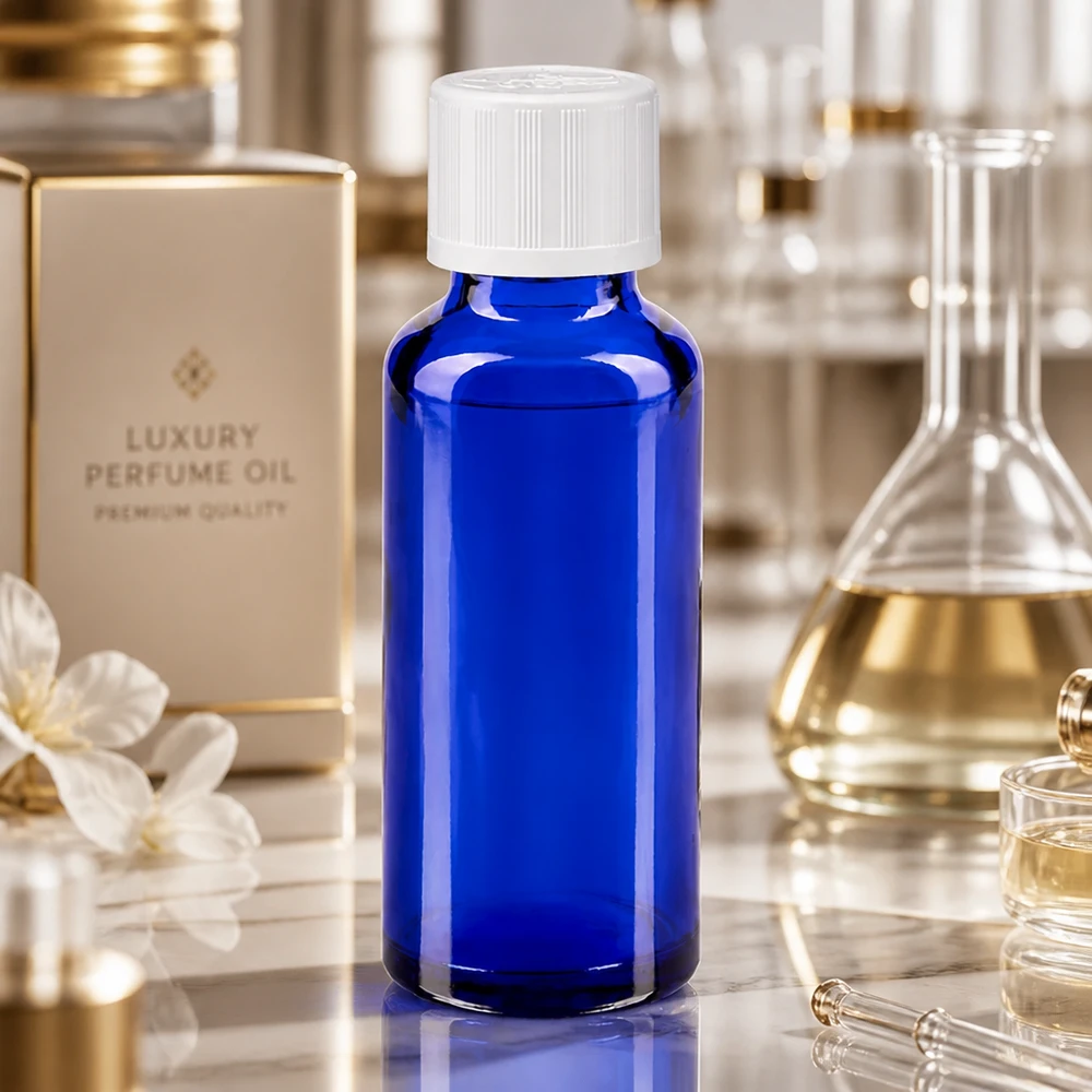 Apothekenflasche blau 30ml Schraubverschluss weiß Kindersicherung Standard Blaue 30ml Apoflasche mit Kindersicherung vor goldenem Luxury Perfume Oil Verpackungskarton