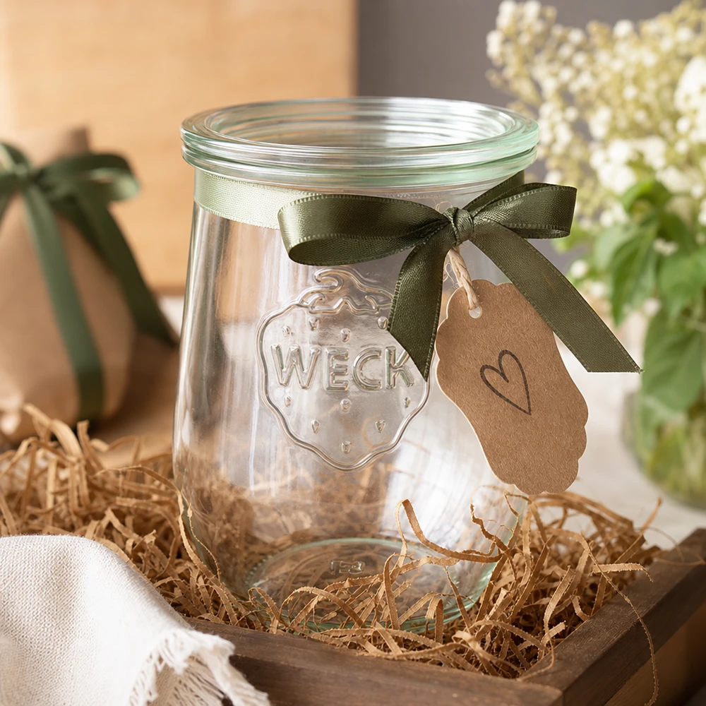 Barattolo a tulipano da 1062 ml con coperchio in vetro WECK RR100 WECK vaso tulipano 1062ml RR100 vetro coperchio confezione regalo fiocco verde ciondolo decorazione materiale artigianale