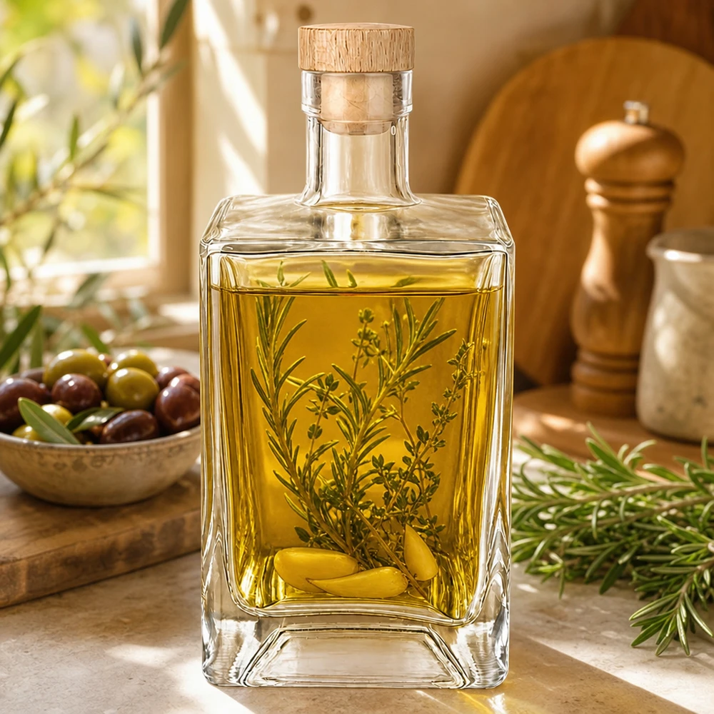 Bottiglia in vetro da 700 ml Ben con tappo in sughero con impugnatura in legno UNiTWIST® Bottiglia di vetro da 700 ml Ben riempita di olio d'oliva erbe cucina mediterranea rametto di rosmarino olive tappo di legno UNiTWIST