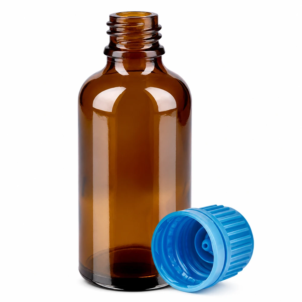 50ml Flasche 11mm Schraubverschluss blau Originalitätsverschluss BrownLine UT18/50 Bernsteinfarbene 50ml Flasche mit Schraubgewinde ideal für lichtempfindliche Substanzen