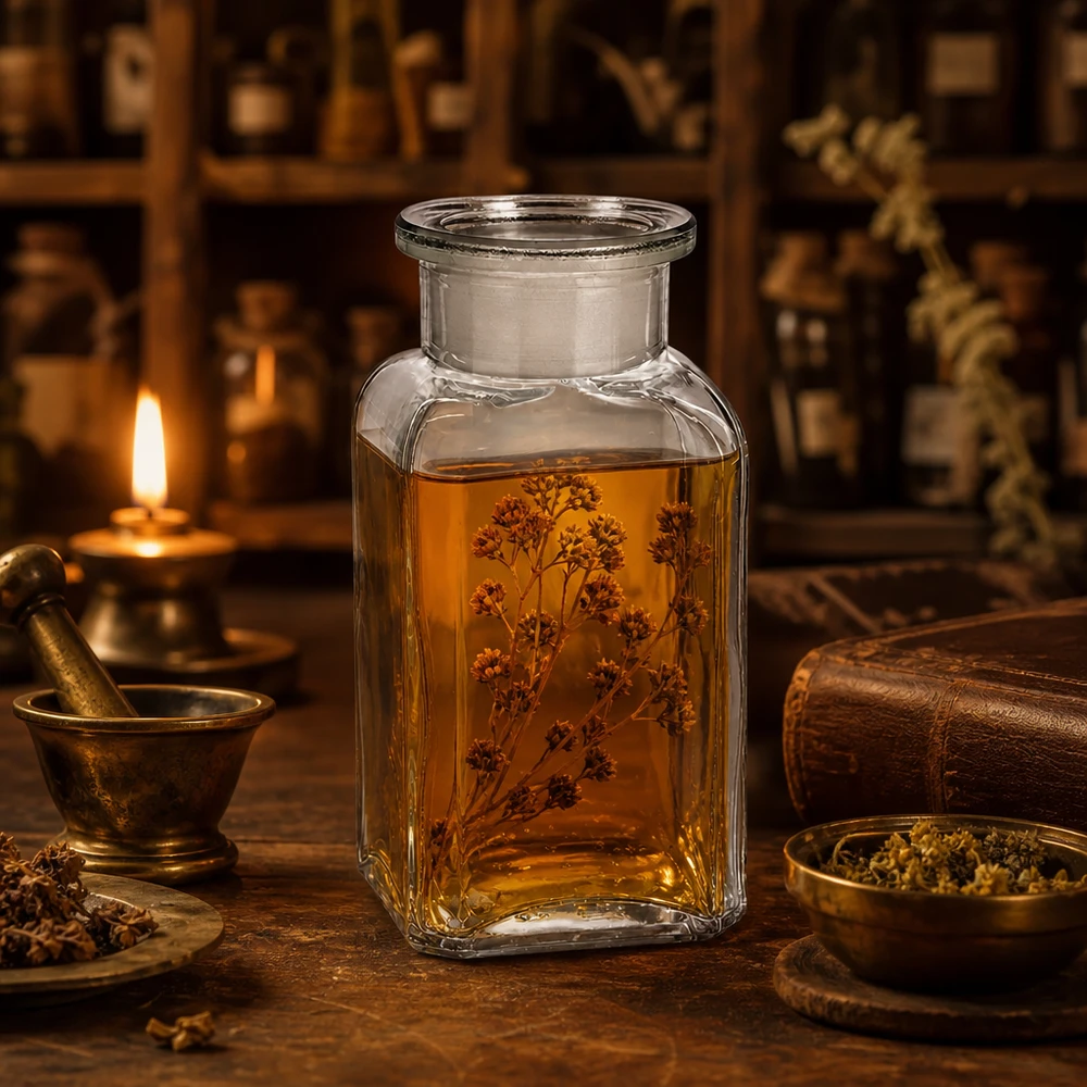 Fiaschetta da farmacia da 100 ml, a collo largo, quadrata, trasparente, con estratto di erbe, in un ambiente storico da farmacia