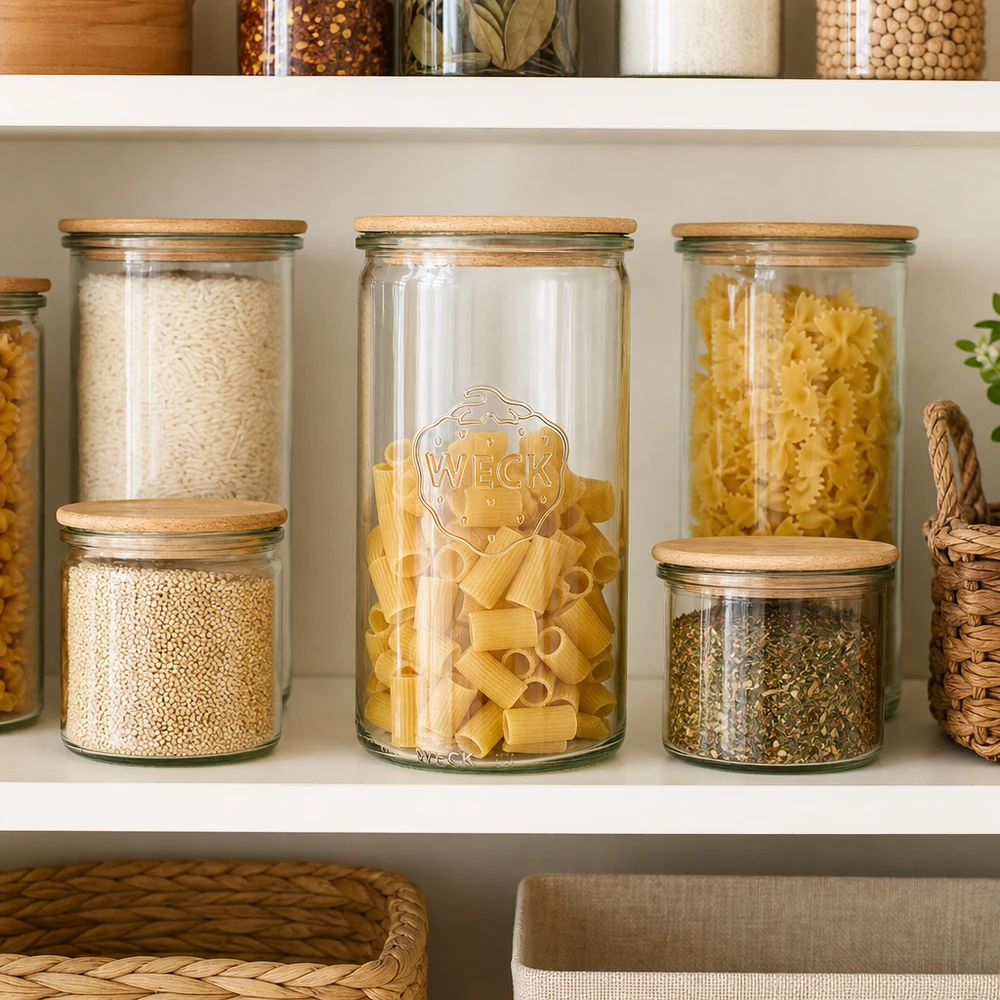 1590ml Zylinderglas WECK RR100 mit Holzdeckel WECK Zylinderglas 1590ml RR100 mit Holzdeckel als Küchenorganisation für Pasta Reis Gewürze im Vorratsschrank