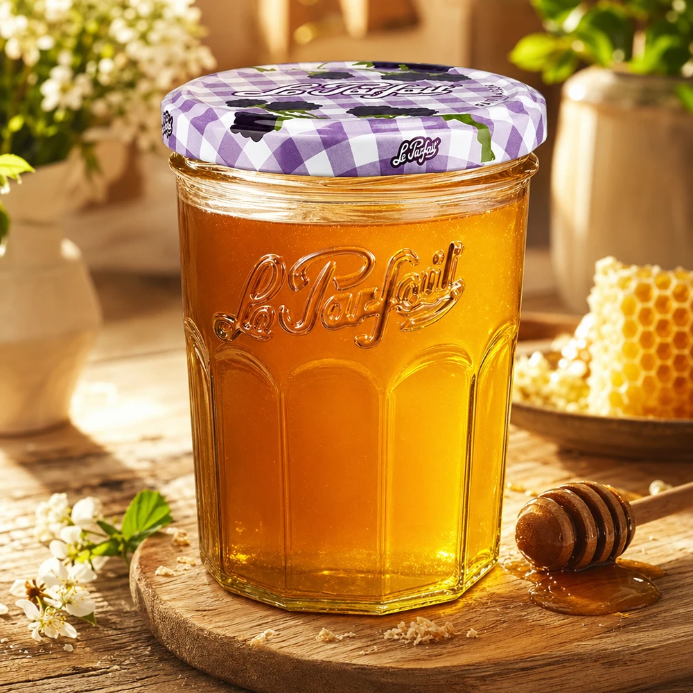 Le Parfait® Jam 385 ml Ø82 mm vaso marmellata Bicchieri Le Parfait da 385 ml riempiti di miele accanto a favi e cucchiai di miele su una tavola di legno in un'atmosfera accogliente
