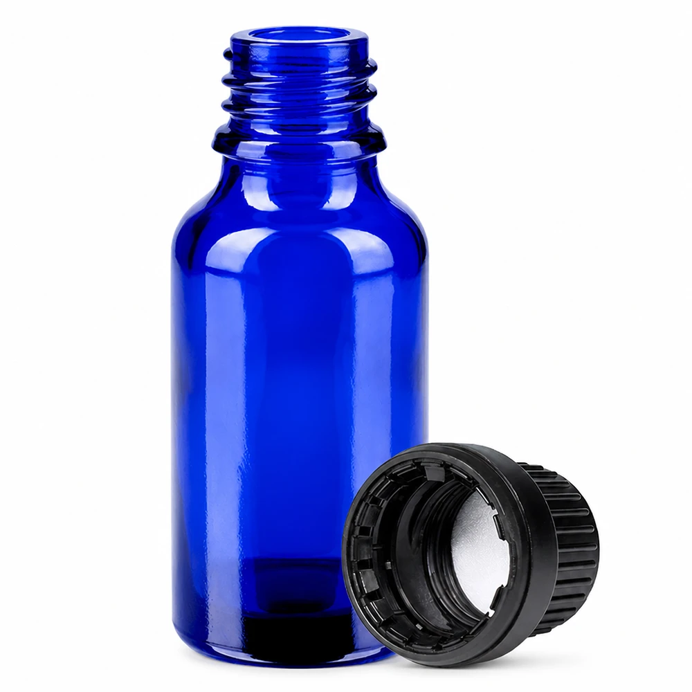 Bottiglia professionale da laboratorio 20ml blu cobalto con tappo nero stretto