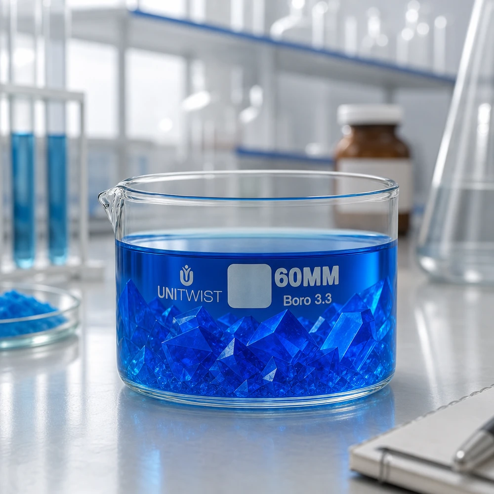 Cristallisoir ø60mm verre borosilicaté UNiTWIST Coupelle de cristallisation UNiTWIST 60 mm contenant une solution bleue de sulfate de cuivre et des cristaux, destinée à un usage en laboratoire
