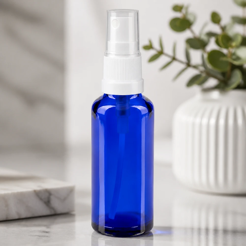Apothekenflasche blau 30ml Sprayaufsatz weiß Wiederbefüllbare blaue Glas Sprühflasche 30ml für ätherische Öle und Seren