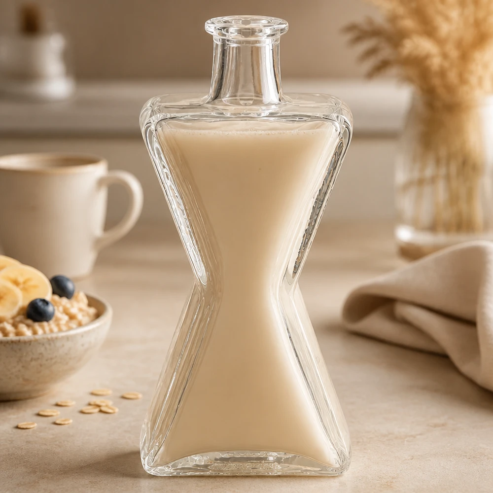 200ml Glasflasche "Star" ohne Verschluss UNiTWIST 200ml Glasflasche Star mit cremiger Milch befüllt auf Frühstückstisch neben Müslischale als Milchkanne alternative