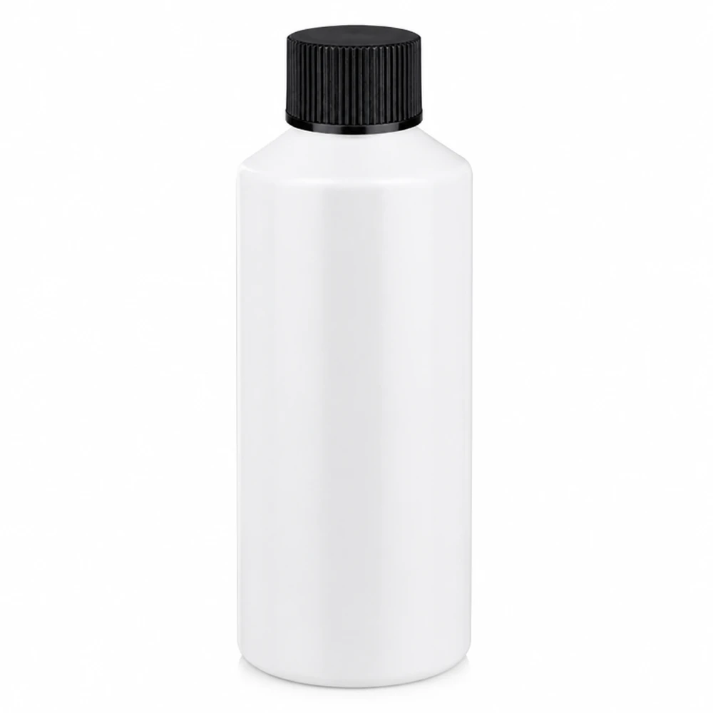 Weiße HDPE Rundflasche 100ml mit schwarzem Deckel ideal für Pharmazie und Labor