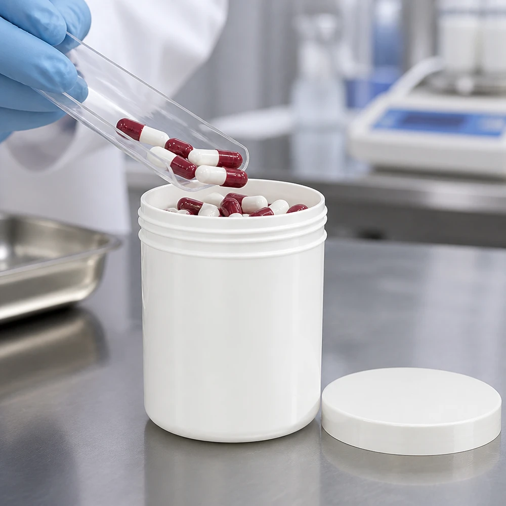 Remplissage de gélules dans un pot à pommade cylindrique blanc de 50 g muni d'un couvercle à vis blanc séparé