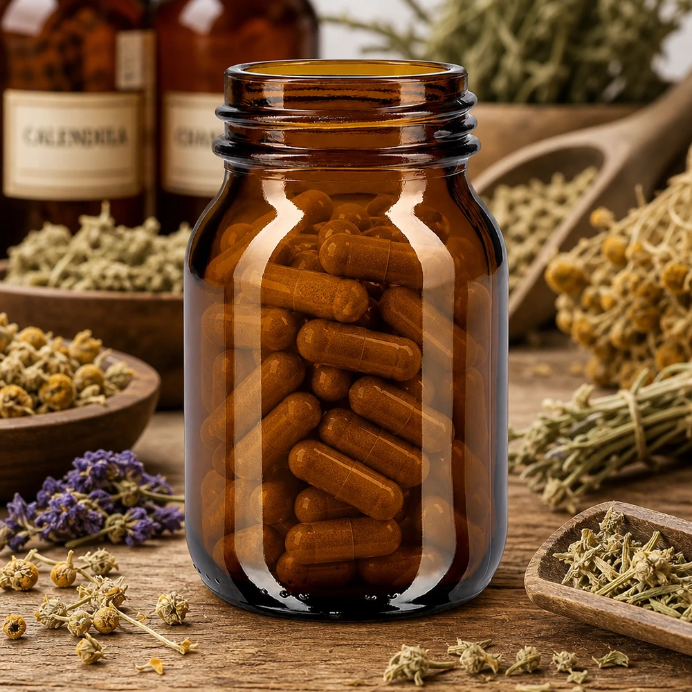 Bottiglia a collo largo in vetro ambrato da 75 ml con finitura del collo DIN 40, adatta per capsule e compresse