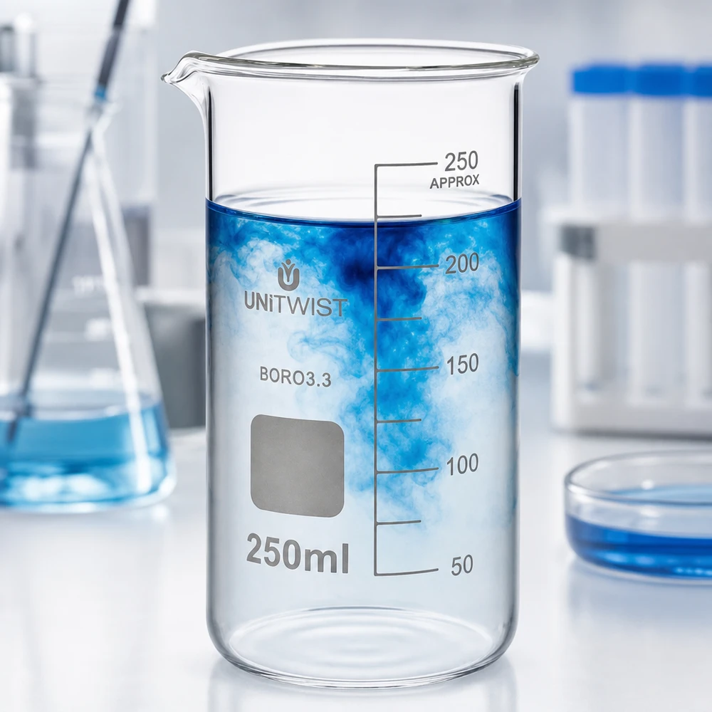 Bicchiere 250ml borosilicato, stampo alto UNITWIST Bicchiere da laboratorio in borosilicato trasparente da 250 ml, forma alta, con soluzione blu e nebbia bianca