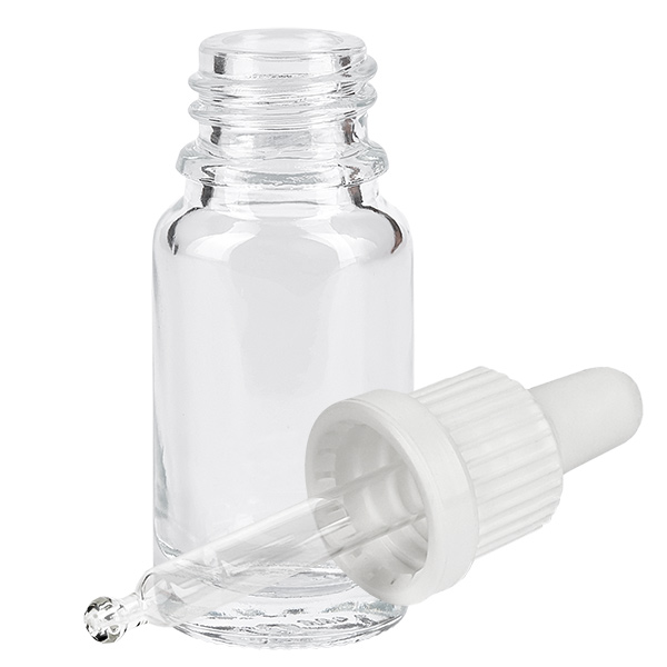 Flacone per pipette da 10 ml bianco OV ClearLine UT18/10 Piccolo flacone con pipetta da 10 ml in vetro trasparente, con beccuccio bianco e ventosa in gomma
