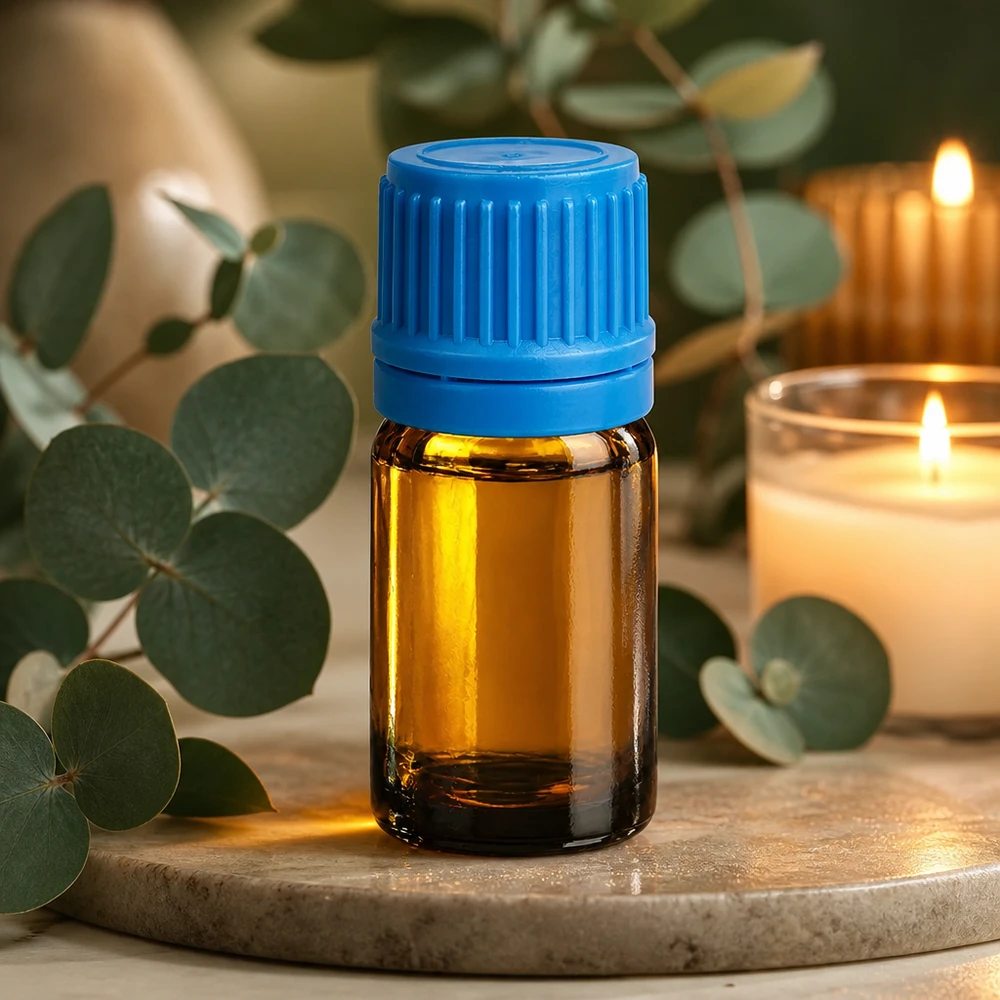 Flacone per aromaterapia da 5 ml in vetro ambrato protetto dai raggi UV con tappo a vite blu sicuro