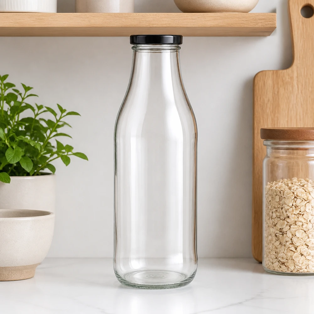 Bottiglia di vetro vuota da 1000 ml con coperchio nero in una cucina moderna accanto a scaffali di legno e piante aromatiche