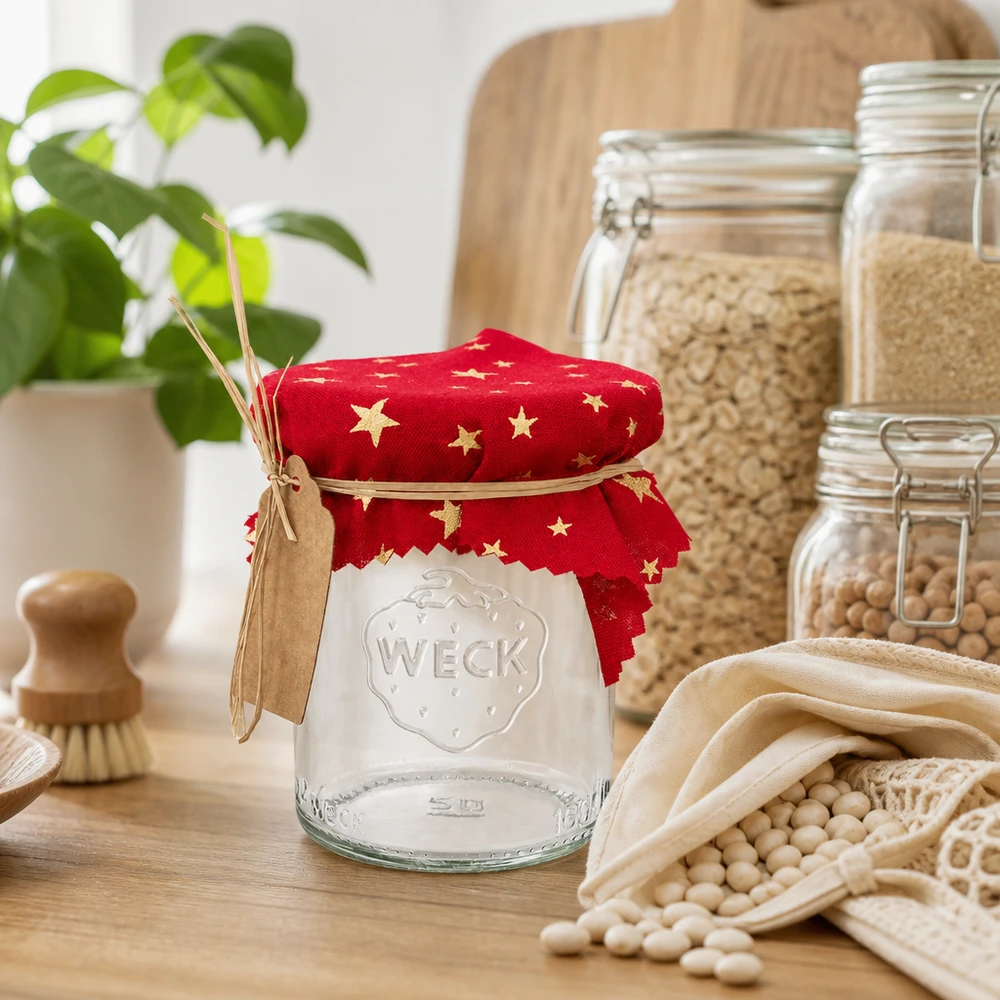 Centrino per gioielli in tessuto rosso "stelle" 12cm quadrato Centrino decorativo rosso con stelle 12cm su vaso WECK in cucina sostenibile a rifiuti zero con legumi