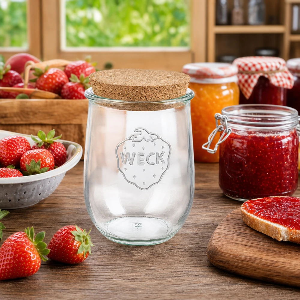 1062ml bocal tulipe WECK RR100 avec bouchon nature WECK RR100 Pot tulipe 1062ml bouchon liège Scène de cuisine avec des fraises et de la confiture maison
