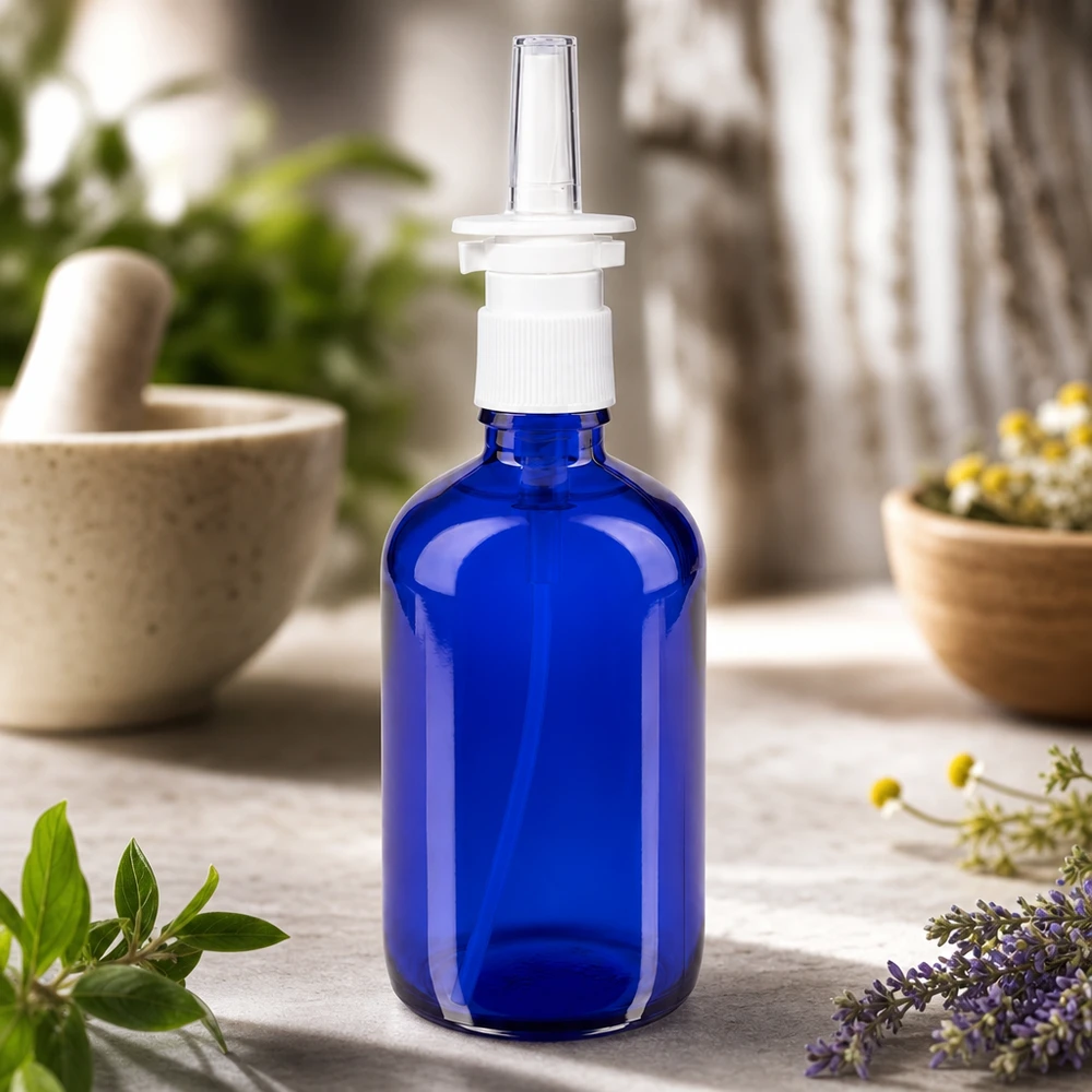 Hochwertige 100ml blaue Glasnasensprayflasche mit weißem Dosierkopf in natürlichem Kräuterambiente