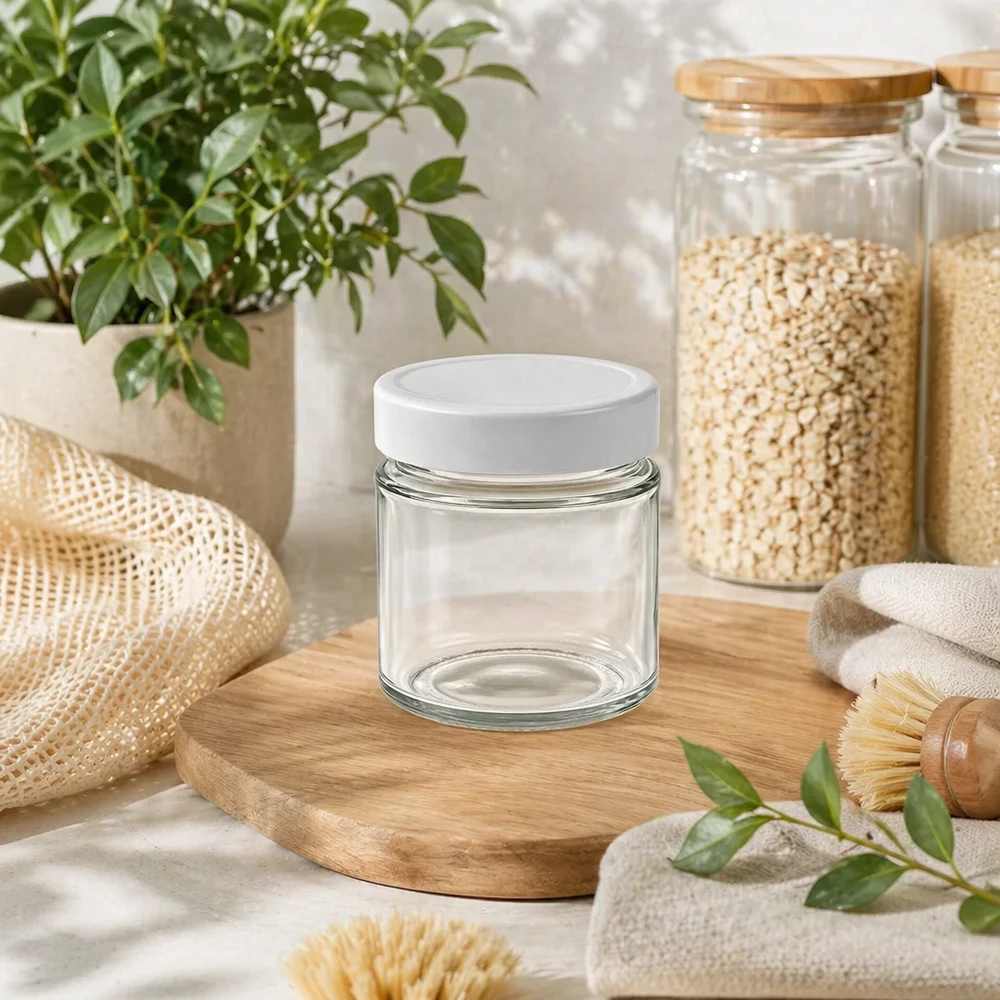 135ml Rundglas + BasicSeal Deckel weiß deep UNiTWIST 135ml Rundglas BasicSeal Deckel weiß nachhaltiges Zero Waste Lifestyle Bambusdeckel Holzbrett Küchenorganisation