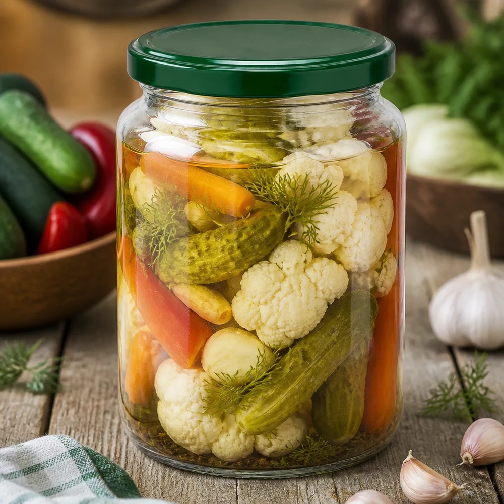 UNiTWIST vaso rotondo 795ml con verdure miste sottaceto e aneto - coperchio verde BasicSeal per conservare e fermentare