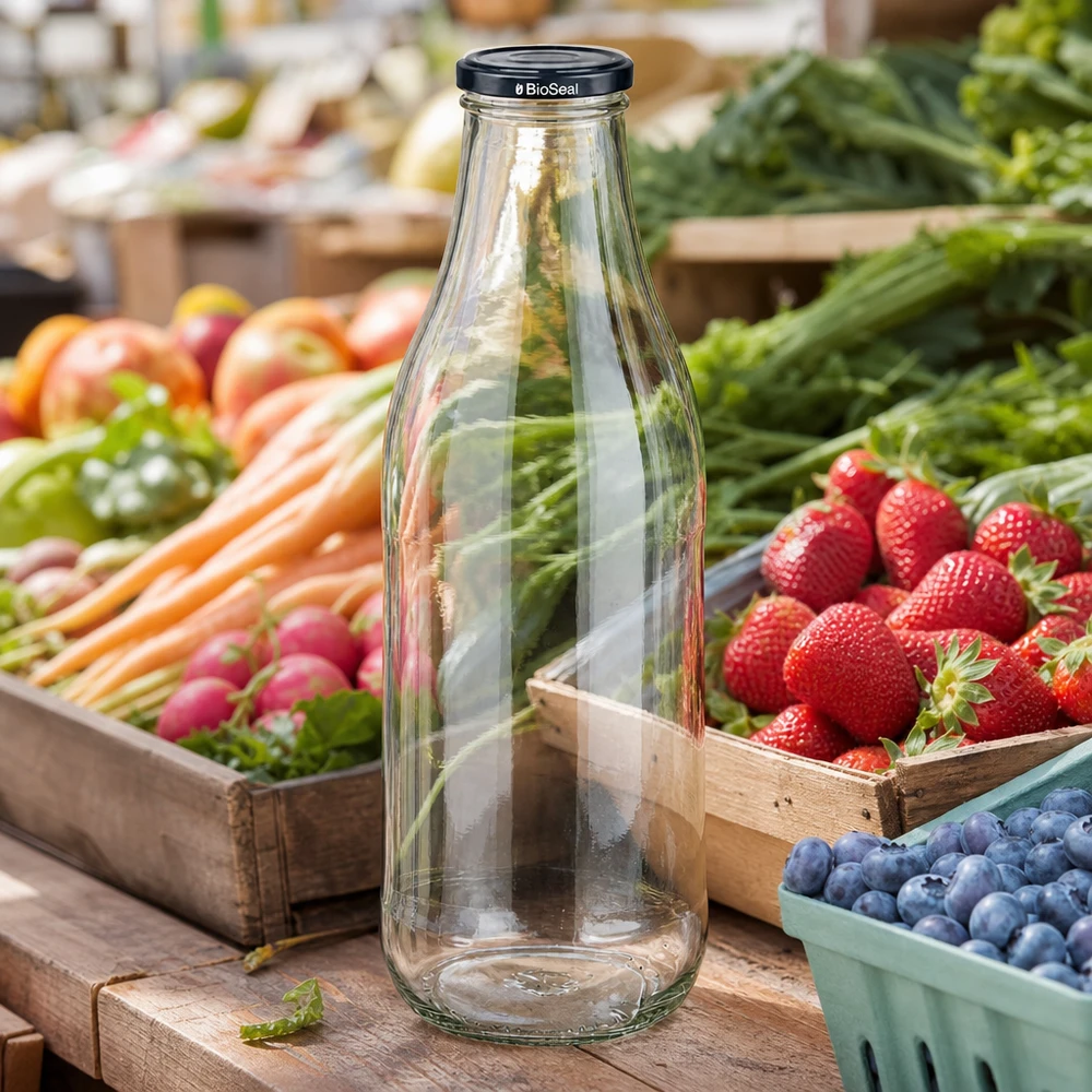1000ml Glasflasche + BioSeal Deckel schwarz UNiTWIST 1000ml Glasflasche BioSeal Deckel schwarz Marktstand frisches Obst Gemüse Erdbeeren Blaubeeren nachhaltig regional
