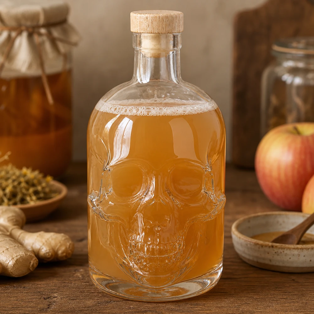 Dekorative Totenkopf-Glasflasche Jack 500ml mit Honig befüllt, Holzkorken und rustikalem Küchen-Ambiente mit Äpfeln