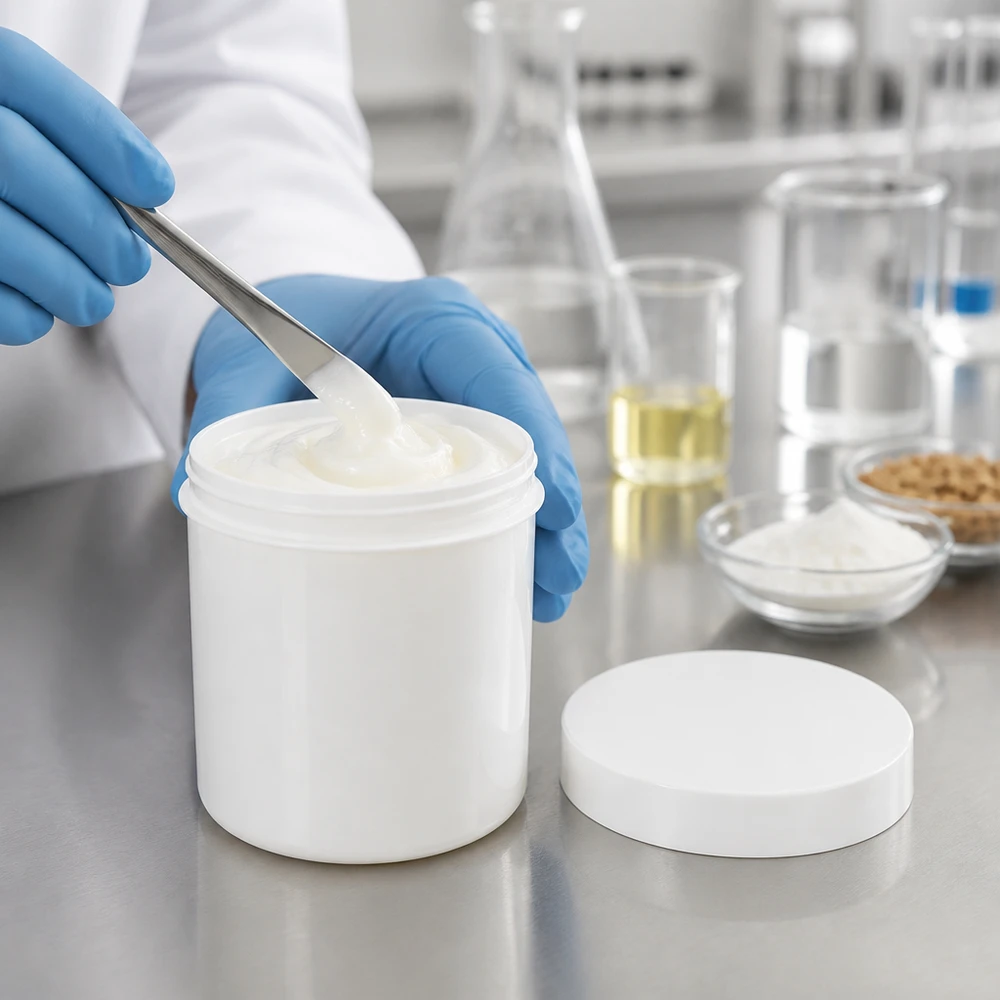 Pot à pommade de pharmacie, 250 g, blanc, rempli de crème blanche dans un environnement de laboratoire stérile